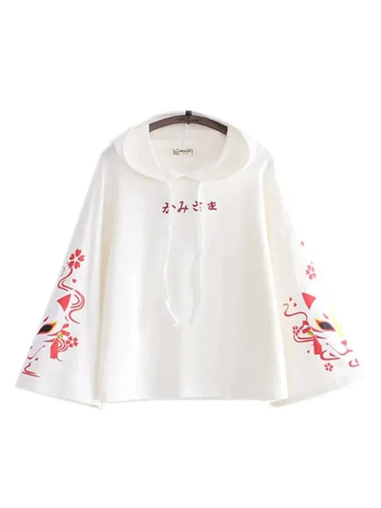 Metaversmall Black Letter Embroidery Cartoon Print Women Hoodies Autumn Flare Sleeve Drawstring Hooded Sweatshirts Ladies Korean Tops