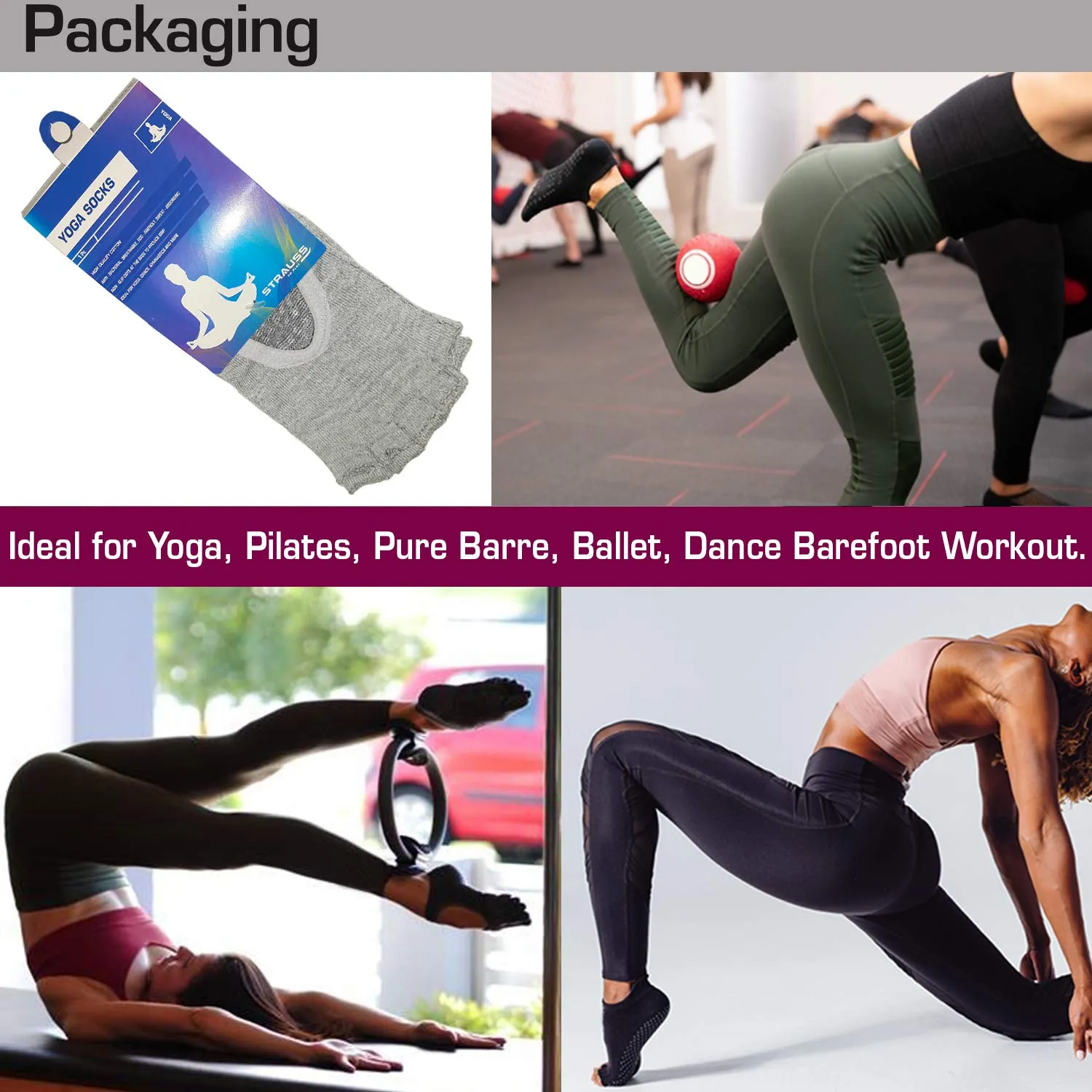 STRAUSS Women Yoga Socks |Non-Slip Grips, Ideal for Pilates, Pure Barre, Ballet, Dance, Barefoot Workout Small, (Grey)