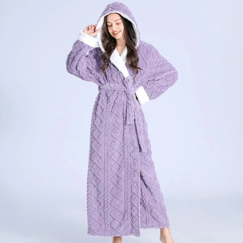 Women Loose Long Thick Hooded Bathrobe