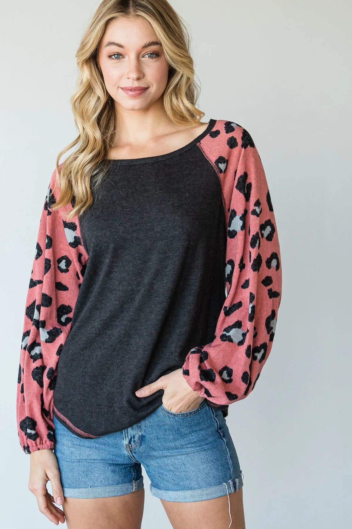 Women's Round Neckline And Animal Print Color Block Top